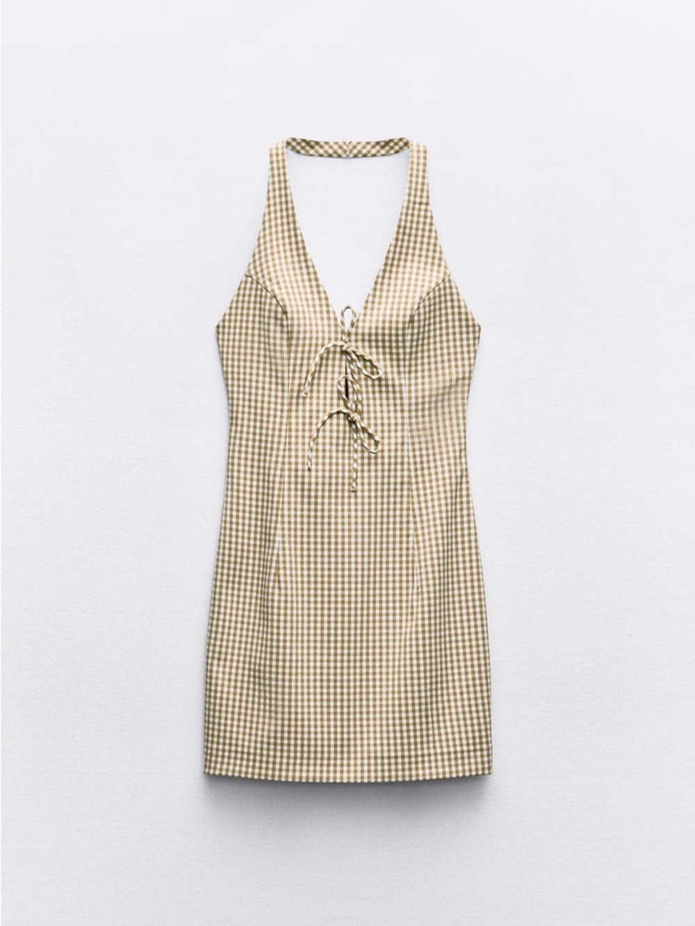 Zara Beige and White Gingham Halter Tie Mini Dress
